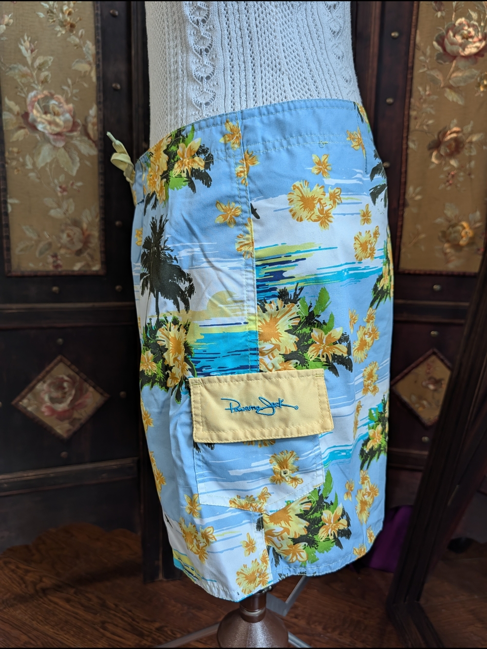 Panama Jack Blue Yellow Tropical Swim Shorts Boardshorts Velcro Tie Size Large L - Picture 2 of 8